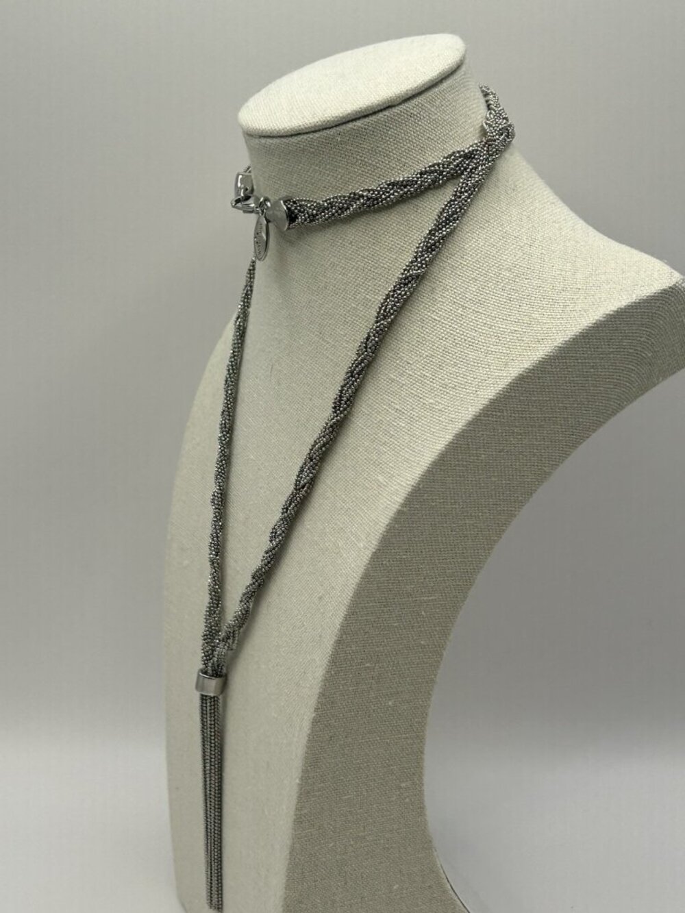 Ann Taylor Tassel Necklace LONG Silver Tone Braided Chain Signed Jewelry Gift - Picture 3 of 9
